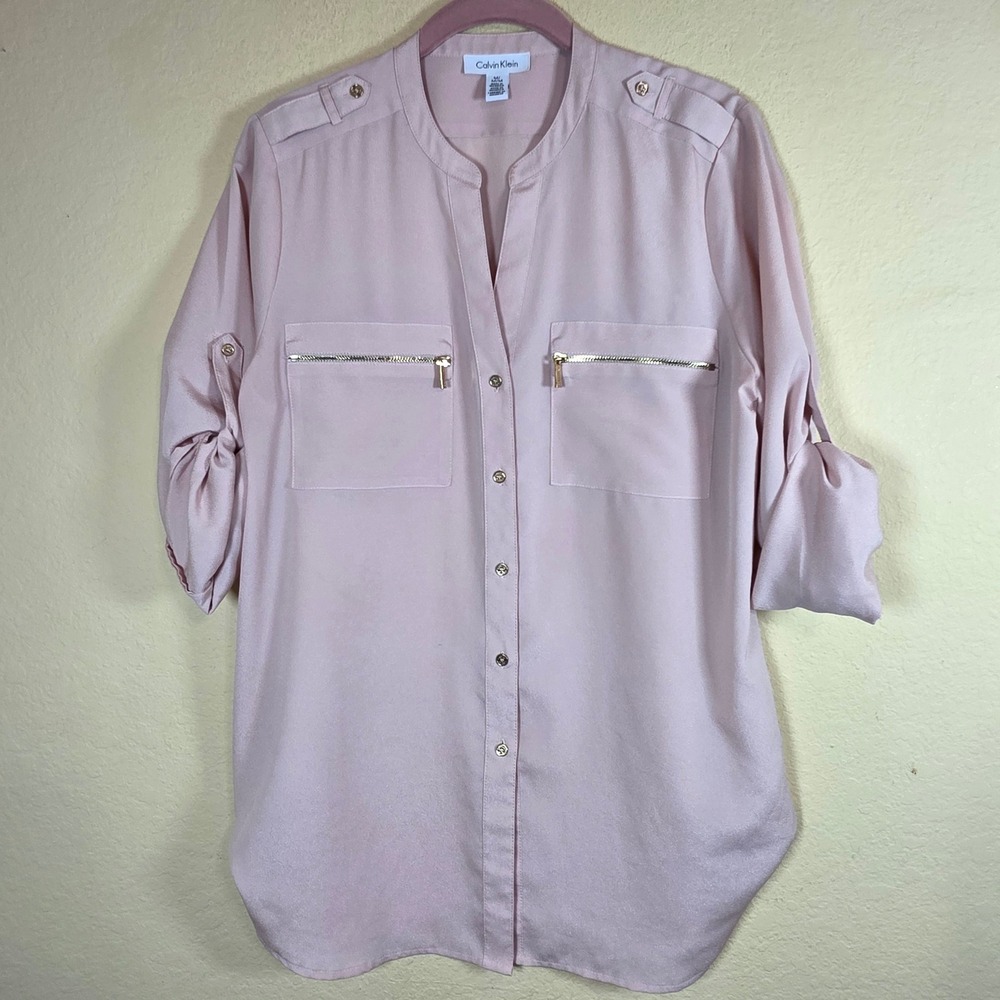 Calvin Klein Women's Pink Collared Zip‎ Pocket Roll Tab Sleeve dressy Shirt M